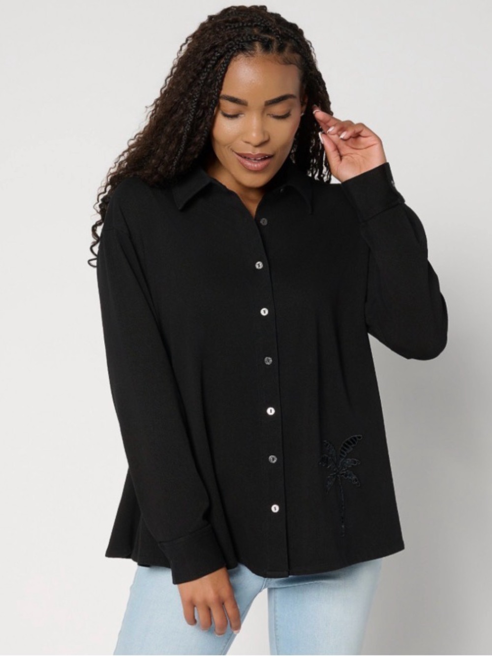 Women with Control Prime Stretch 2 Denim Button Front Shirt Size Small Black